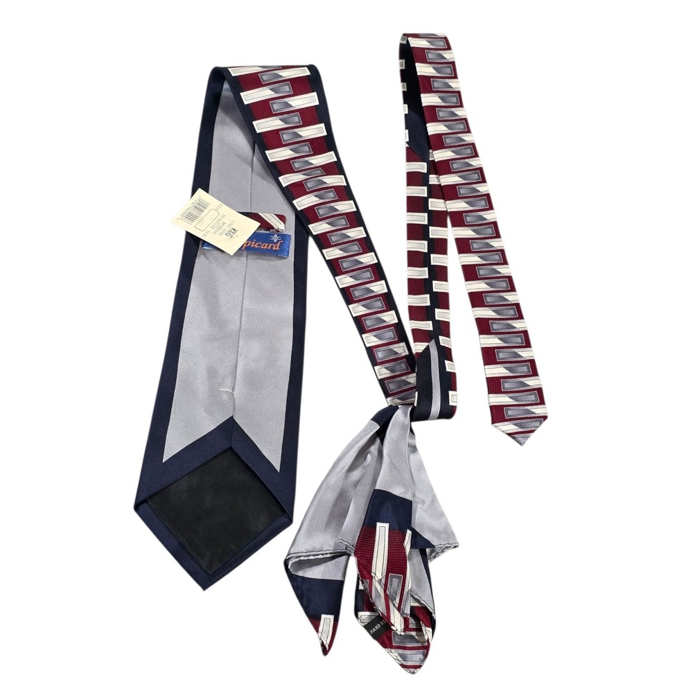 New Henri Picard‎ Mens Silk Striped Necktie Pocket Sq Burgundy Silver Geometric